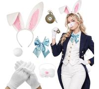 6Pcs Halloween White Rabbit Costume Accessories Set Bunny Costume For Adult | Rabbits Ears Headband Tail Clock Bow Tie Rabbit Mask White Gloves, Bunny Halloween Costume for Easter World Book Day Cosplay