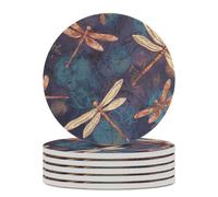 6PCS Hand Painted Dragonfly Coasters Non-Slip Round Drink Coasters with Ceramic Stone and Cork Base, Heat Resistant Absorbent 33.00Stone Coaster Set for Kinds of Mugs and Cups, 4 Inch