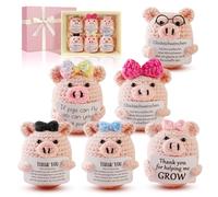 6Pcs Handmade Emotional Support Crochet Pink Positive Pig with Energy Cards in Gift Box, Funny Knitted Dolls Animals for Women Men Friends, Cute Plush Toy for Gift kawaii for Home Office Desk Decor