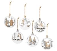 6Pcs Hanging Wooden Christmas Tree Decorations Christmas Reindeer Wooden Baubles with String 3-Layers Fretwork Wood Carving Christmas Crafts Santa Snowman Wooden Ornament for Xmas Tree Deco DIY Crafts