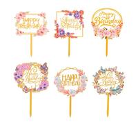 6PCS Happy Birthday Cake Topper Butterfly CupCake Toppers Acrylic Happy Birthday Cake Toppers Flower Cupcake Topper Decorations for Girls Women's Various Party Anniversary Pastries Decorations(Gold)