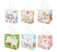 6PCS Happy Easter Egg Hunt Bags Assorted Sizes Bunny Carrot Chick Egg Metallic Printing Gift Bags with Handles, Easter Treat Bags, Non-Woven Easter Bags for Gifts Wrapping, Easter Party Supplies