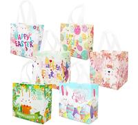 6PCS Happy Easter Egg Hunt Bags, Assorted Sizes, Easter Bunny Carrot Chick Egg Bags with Handles, Easter Treat Bags, Non-Woven Bags for Gifts Wrapping, Egg Hunt, Easter Party Supplies
