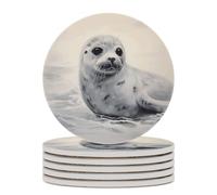 6PCS Harp Seal Painting Coasters Non-Slip Round Drink Coasters with Ceramic Stone and Cork Base, Heat Resistant Absorbent 33.00Stone Coaster Set for Kinds of Mugs and Cups, 4 Inch