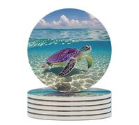 6PCS Hawaii with Purple Sea Turtle Coasters Non-Slip Round Drink Coasters with Ceramic Stone and Cork Base, Heat Resistant Absorbent 33.00Stone Coaster Set for Kinds of Mugs and Cups, 4 Inch
