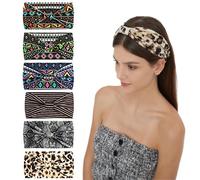 6Pcs Headbands for Women Wide Knotted Turban Bandana Boho Head Scarfs Wraps Yoga Hairbands Fabric Elastic Headband Sport Running Headscarves (Leopard)