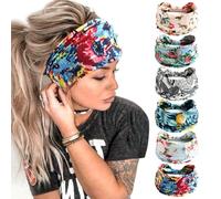 6Pcs Headbands for Women Wide Knotted Turban Bandana Boho Head Scarfs Wraps Yoga Hairbands Fabric Elastic Headband Sport Running Headscarves (14Flowers)