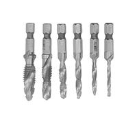 6PCS Hex Shank Combination Tap Set, Spiral Flute Drill Taps, High Speed Steel Thread Tapping Tool with Ti Coating for Metal Wood Repair and DIY Projects (Silver)