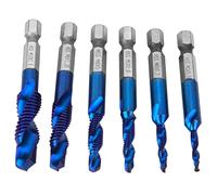 6PCS High Speed Steel Hex Shank Tap Drill Bit Set, HSS Hex Drill Bits for M3/M4/M5/M6/M8/M10, 6.35mm Hex Shank Compound Tap with 15mm Length for Metal, Aluminum, Iron (Metric M35 blue NAMI coating
