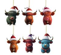 6PCS Highland Cow Christmas Ornaments - Acrylic Animal Tree Hanging Decorations