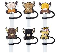 6Pcs Highland Cow Silicone Straw Cover Cap for Stanley Cup Decor, 10mm Reusable Cute Pink Drinking Straw Topper Accessories for, Portable Protector Plugs Decorations Gifts for Kids Party Favors