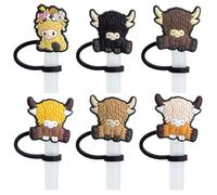 6PCS Highland Cow Silicone Straw Cover Cap for Stanley Cup Decor, Drinking Straw Topper Accessories Without Straws for Kids Party Favors