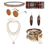 6Pcs Hippie Costume Accessories 60s 70s Outfits for Women Including 2 Styles of Headbands Sunglasses Bracelets Earrings Layered Beaded Pendant Necklace for Disco, Halloween, 1960s Retro Party Brown