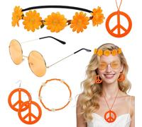 6Pcs Hippie Costume Accessories Set, Boho Peace Sign Daisy Flower Round Hippie Sunglasses and Peace Sign Necklaces and Earrings 60s 70s Party Favors Decorations for Groovy Party Women