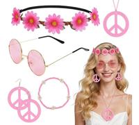 6Pcs Hippie Costume Accessories Set, Boho Peace Sign Daisy Flower Round Hippie Sunglasses and Peace Sign Necklaces and Earrings 60s 70s Party Favors Decorations for Groovy Party Girls Women