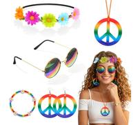 6Pcs Hippie Costume Accessories Set, Boho Peace Sign Daisy Flower Round Hippie Sunglasses and Peace Sign Necklaces and Earrings 60s 70s Party Favors Decorations for Groovy Party Girls Women Halloween