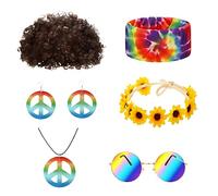 6pcs Hippie Costume Set, 60s/70s/80S Retro Hippie Costume Accessories , Including 70s Wigs for Men, Sunglasses, Two Hair Accessories, Earrings and Necklaces with Peace Logos, Hip-hop Party Supplies