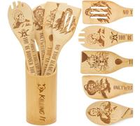 6Pcs Horror Movie Character Cooking Gift Set Wooden Spoons Utensils with Matching Holder - Halloween Movie Merchandise Laser Engraved Bamboo Spoons Set for Halloween Film Gifts, Horror Decor for Party