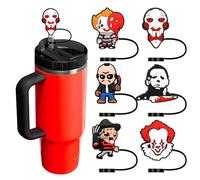 6Pcs Horror Straw Toppers for Stanley Cup,Spooky Cover for 30/40 Oz Tumbler | Horror Movie Themed Gifts for Halloween, Skull Ghost Face Cup Topper for Drinking, Fit 10 mm Straws, Soft Silicone Reusable