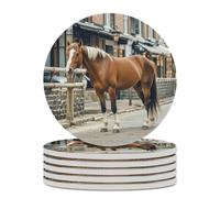 6PCS Horse in The Street Coasters Non-Slip Round Drink Coasters with Ceramic Stone and Cork Base, Heat Resistant Absorbent 33.00Stone Coaster Set for Kinds of Mugs and Cups, 4 Inch