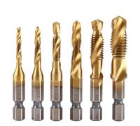 6pcs HSS 4341 Spiral Flute Tap Drill Bit Set, Gold Plated Hex Shank Threaded Taps for M3 M5 M6 M8, Multi-Functional Kit for Wood Plastic Aluminum Metal Working