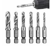 6pcs HSS Drill Bit Set, Spiral Taps,M3 M4 M5 M6 M8 M10 1/4” Hex Shank Screw Thread Tap Drill Bits Set, Durable Titanium Coated Metric Combination Drill Ta-p Bit Tapp for Hard Steel Tapping Machine
