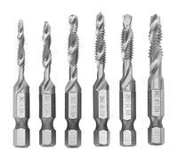 6Pcs HSS Spiral Flute Taps Set, US Standard Screw Thread Tap and Drill Bit Combo, Hex Shank Hand Taps for Blind Holes with 6-32 to 1/4-20 NC Sizes, for Wood Plastic