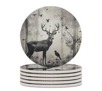 6PCS Hunting Silhouette of Deer Coasters Non-Slip Round Drink Coasters with Ceramic Stone and Cork Base, Heat Resistant Absorbent 33.00Stone Coaster Set for Kinds of Mugs and Cups, 4 Inch