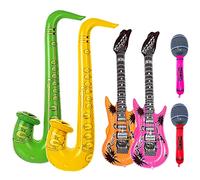 6PCS Inflatable Musical Instruments Balloons Inflatable Guitar Saxophone Microphone Balloon Set Inflatable Party Props Blow Up Inflatable Rock Star Toy Set for Adult Kid Party 80s Decorations Karaoke