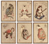 6Pcs Japanese Samurai Cat Wall Art Prints of Posters Japan Bushido Decor Kung Fu Paintings Tattoo Funny Fantasy Photo Picture Canvas Poster Painting for Living Room Print Bedroom Home Artwork