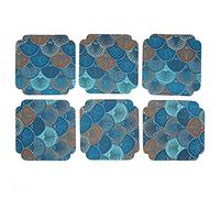 6PCS Japanese Style Embroidered Coaster, Heat Insulated Cup Pad Mat, Brocade Fabric Placemat with 3D Embroidery for Home Kitchen Coffee Shop Dining Table (Ginkgo Blue 6)