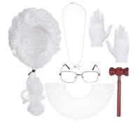 6Pcs Judge Costume Adult Judge Fancy Dress Costumes Accessories Women Men Halloween Judge Lawyer Costume with Wig Collar Wooden Gavel Necklace Glove Glasses for Halloween Party Cosplay Dress Up White
