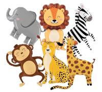 6Pcs Jungle Safari Animal Balloons Lions Zebra Elephant Monkey Leopard Foil Balloons Wildlife Themed Party Decorations Animal Shaped Balloon for Birthday Celebrations Wild One Zoo Birthday Supplies