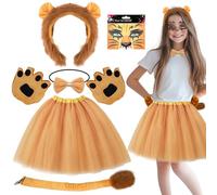 6Pcs Kids Lion Costume Set, Girls Animal Themed Cosplay Accessories with Fluffy Ears Headband Paw Gloves Tutu Skirt Face Sticker Clip-On Tail Kit for Adult Halloween Birthday Party Dress Up (Style B)