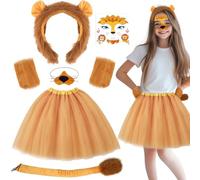 6Pcs Kids Lion Costume Set, Girls Animal Themed Cosplay Accessories with Fluffy Ears Headband Paw Gloves Tutu Skirt Face Sticker Clip-On Tail Kit for Adult Halloween Birthday Party Dress Up(Style A)