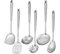 6PCS Kitchen Utensils Set - 38cm Stainless Steel Cooking Utensils Set Include Wok Spatula, Slotted Spatula, Soup Ladle, Skimmer Spoon, Serving Spoon, Pasta Server Tools