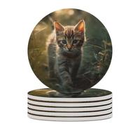 6PCS Kitten Walking on The Grass Coasters Non-Slip Round Drink Coasters with Ceramic Stone and Cork Base, Heat Resistant Absorbent 33.00Stone Coaster Set for Kinds of Mugs and Cups, 4 Inch