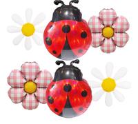 6Pcs Ladybug and Daisy Foil Balloons, Daisy Gingham Balloons,Cute Garden Bug Party Decorations for Kids Birthday,Toddler Baby Shower, Spring Party,Picnic Party