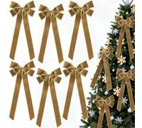 6Pcs Large Kahki Bows Christmas Decorations, Vintage Velvet Bows for Christmas Tree Outside Decorating, Premade Decorative Ribbon with Twist Tie for Wreath Garland Staircase Front Door 6.9*23.6"