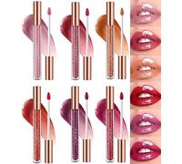 6Pcs Lasting Plump Lip Gloss Set,Hyaluronic Acid Crushed Sparkly Lipstick Gloss,Non-Sticky Moisturizing Full Color Lipstick Sets,High Shine Clear Looking for Women (A)