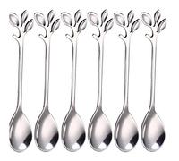 6pcs Leaf Spoons Long Handle Tea Coffee Spoons Stainless Steel Silver Leaf Teaspoons for Tea Coffee Ice Cream Dessert