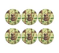 6pcs Leather Coasters for Drinks, Cute Cartoon Sloths Drink Coasters for Tabletop Protection, 4" Cup Coasters for Coffee Table Decor, Non-Slip Drinking Cup Mat for Hot Or Cold Drink