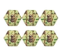 6pcs Leather Coasters for Drinks, Cute Cartoon Sloths Drink Coasters for Tabletop Protection, 4" Cup Coasters for Coffee Table Decor, Non-Slip Drinking Cup Mat for Hot Or Cold Drink