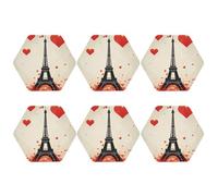 6pcs Leather Coasters for Drinks, Eiffel Tower Heart Airplane Pattern Drink Coasters for Tabletop Protection, 4" Cup Coasters for Coffee Table Decor, Non-Slip Drinking Cup Mat for Hot Or Cold Drink