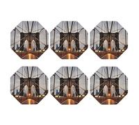 6pcs Leather Coasters for Drinks, Photo of Brooklyn Bridge Drink Coasters for Tabletop Protection, 4" Cup Coasters for Coffee Table Decor, Non-Slip Drinking Cup Mat for Hot Or Cold Drink