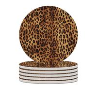 6PCS Leopard Print Coasters Non-Slip Round Drink Coasters with Ceramic Stone and Cork Base, Heat Resistant Absorbent 33.00Stone Coaster Set for Kinds of Mugs and Cups, 4 Inch