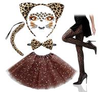 6PCS Leopard Print Costume Set Leopard Ear Headband Tail,Bow Tie Tutu Skirt,Leopard Black Tights,Face Tattoo Stickers for Girls Women Carnival Cosplay Christmas Halloween Animal Party Dress (BROWN 1)