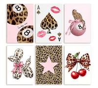 6Pcs Leopard Print Posters for Bedroom, Cheetah Room Decor with Cherry Bow 8-Ball, Unframed Canvas Prints for Wall, Retro Aesthetic Room Decor for Girls, Wild Wall Art for Living Room, Bar & Cafe