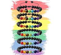 6PCS LGBT Pride Rainbow Bracelets, Lava Stone Bracelet Gift Set, 3 Adjustable Woven Cord Bracelets & 3 Elastic Stretch Bracelets, Natural Essential Oil Diffuser Jewelry for Men Women Lesbian Gay
