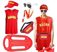 6Pcs Lifeguard Costume Set, Beach Bay_watch Fancy Dress Accessories Kit with Sunhat Whistle Sunglasses Vest Inflatable Float Fanny Pack for Women Men Pool Theme Party Cosplay Halloween Christmas (XL)